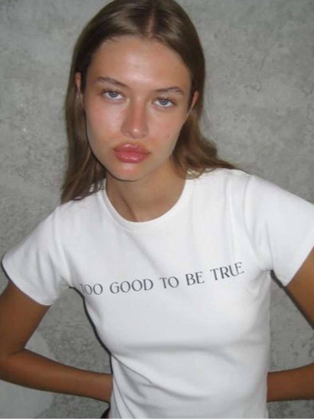 With Jean Too Good to Be True White Baby Tee - Size XS